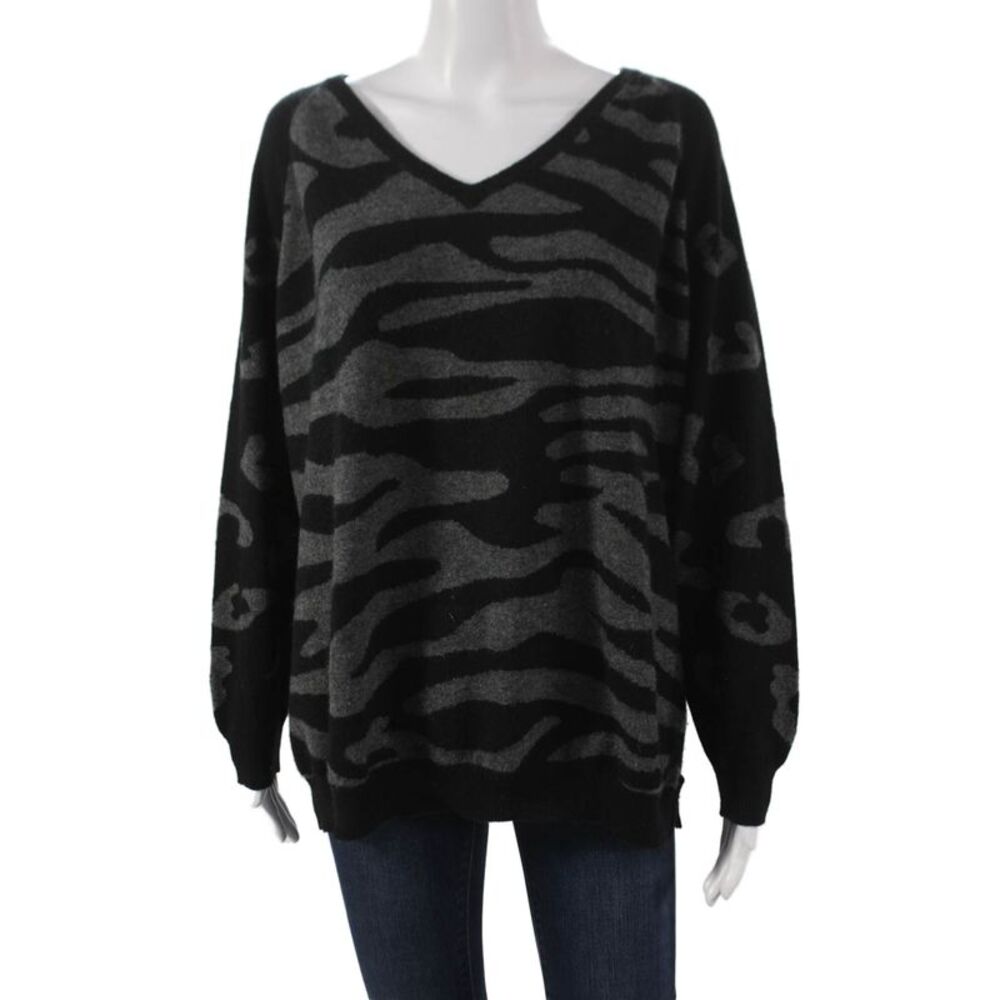 Jumper Womens Black Cashmere Animal Print V-Neck Long Sleeve Pullover Size 4